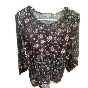 Floral Tunic Top in Black with Pink Accents - floral & grey